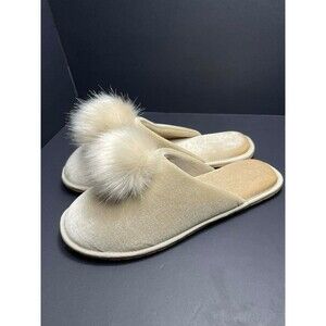 NEW Faryl by Farylrobin Cream Velvet Pom-Pom Slippers - Women's Size 6.5M